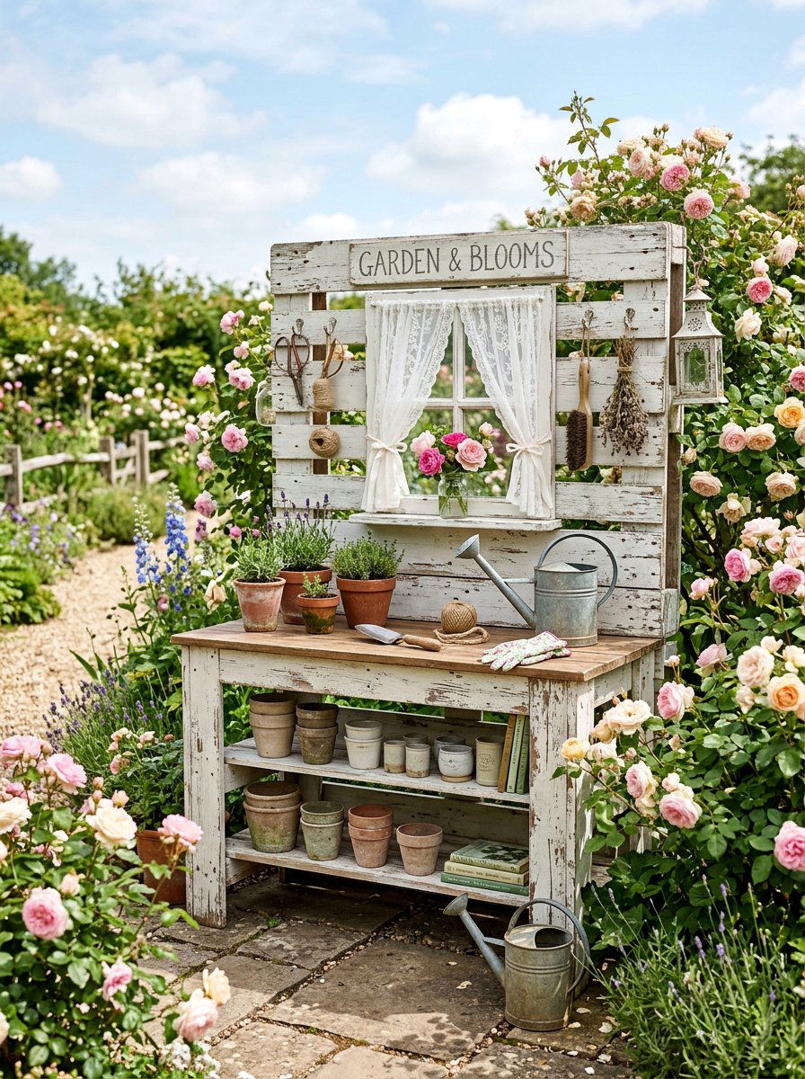 Shabby Chic Pallet Potting Station - 25 Pallet Tool Shed Ideas