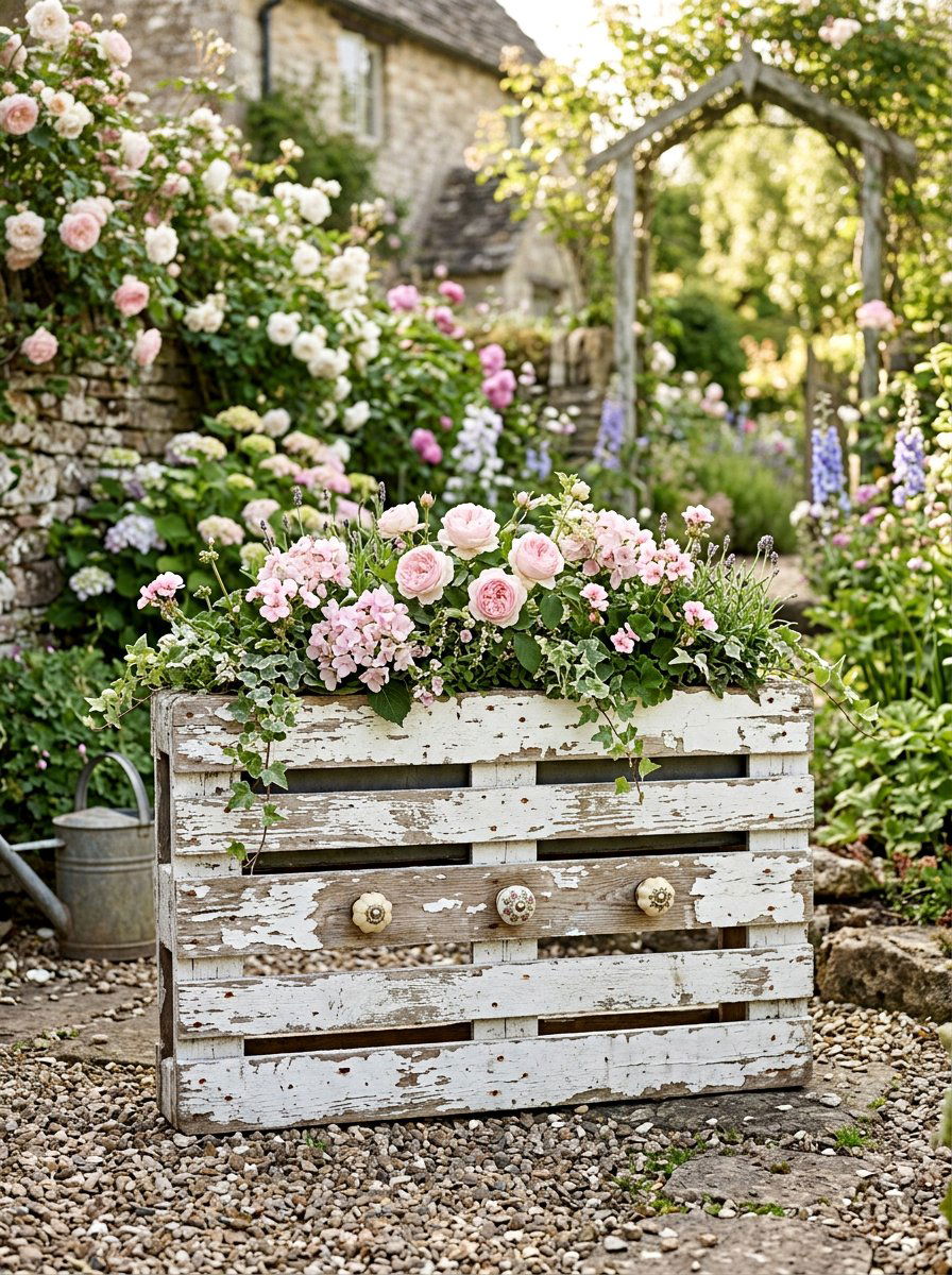 Shabby chic pallet planter - 25 Pallet Window Box Planter Ideas