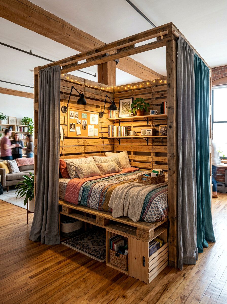 Shared Space Pallet Bed Nook - 25 Pallet reading nook bed ideas