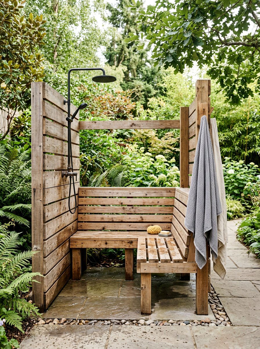Shower With Bench - 25 Pallet Outdoor Shower Ideas
