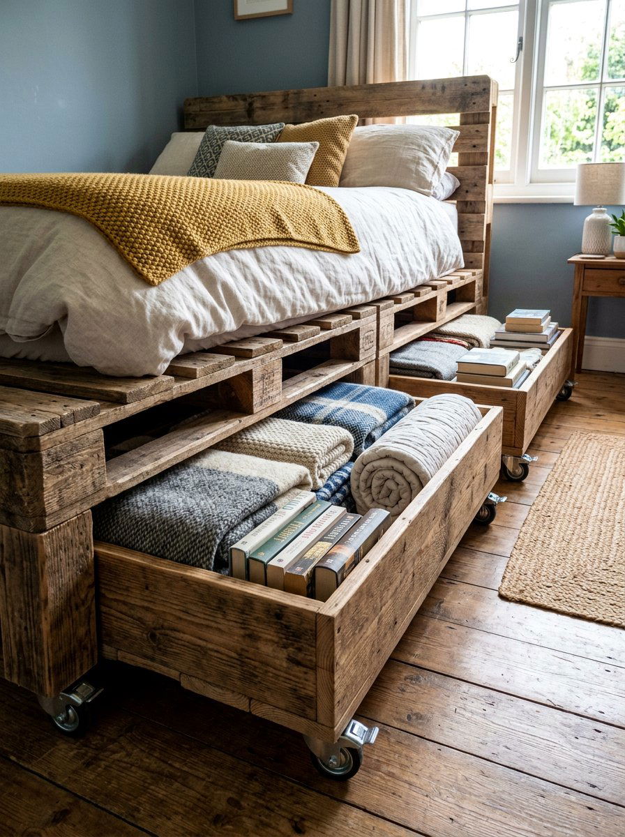 Side Pull Out Bed Storage - 25 Pallet bed ideas with hidden storage