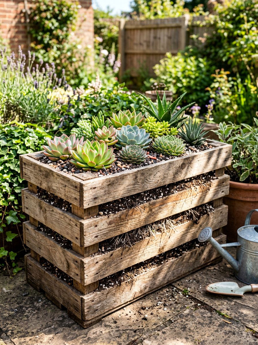 Slatted Wood Planter - 25 Pallet Succulent Garden Ideas