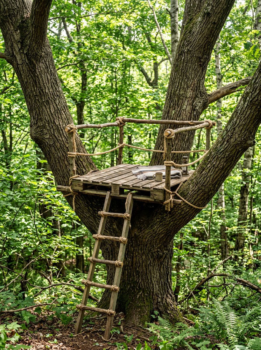 Small pallet tree perch - 25 Pallet Tree House Platform Ideas