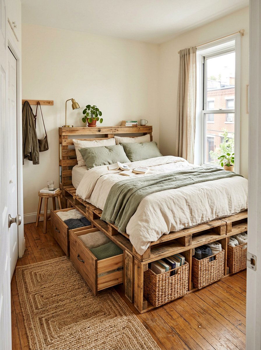 Small space pallet storage bed - 25 Pallet storage bed frame ideas
