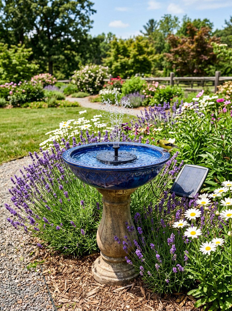 Solar powered bird bath - 25 backyard fountain ideas