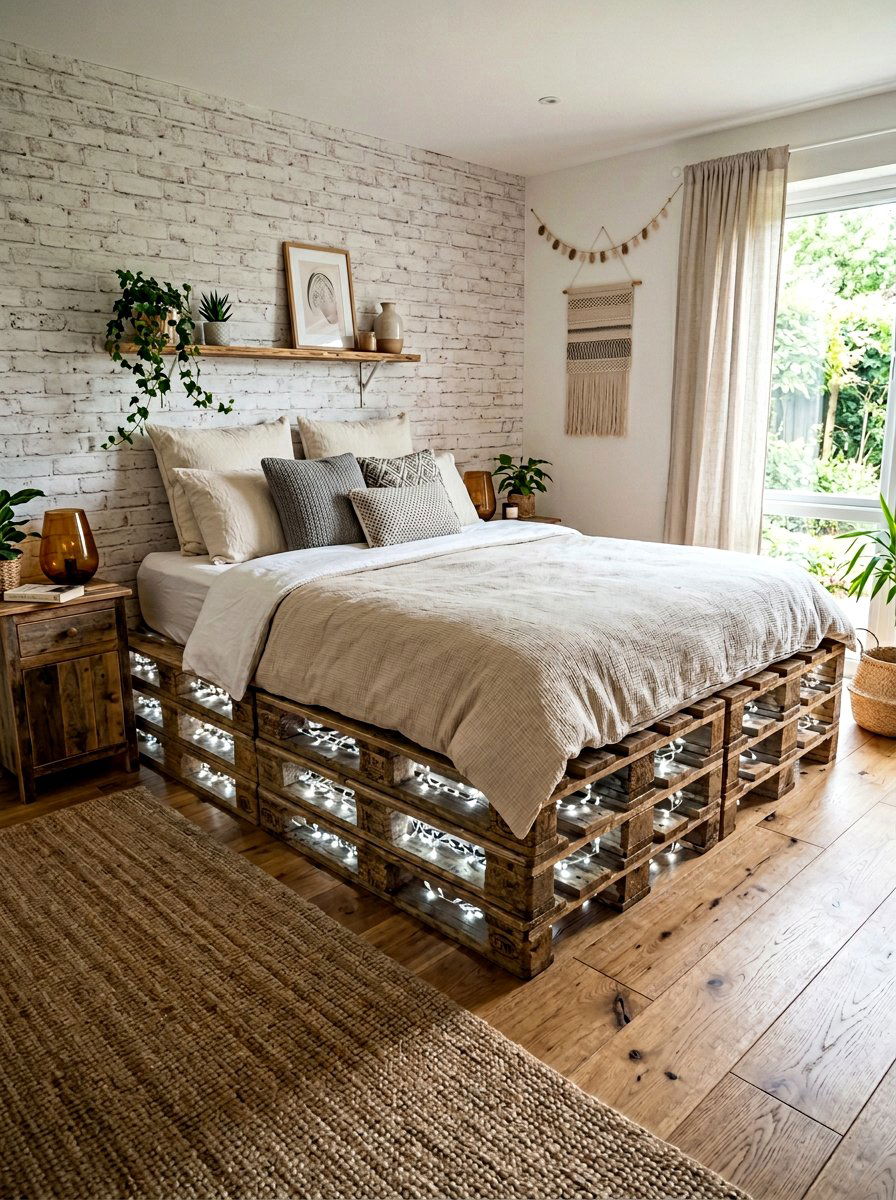 Stacked pallet bed frame light - 25 Lighted pallet bed frame ideas