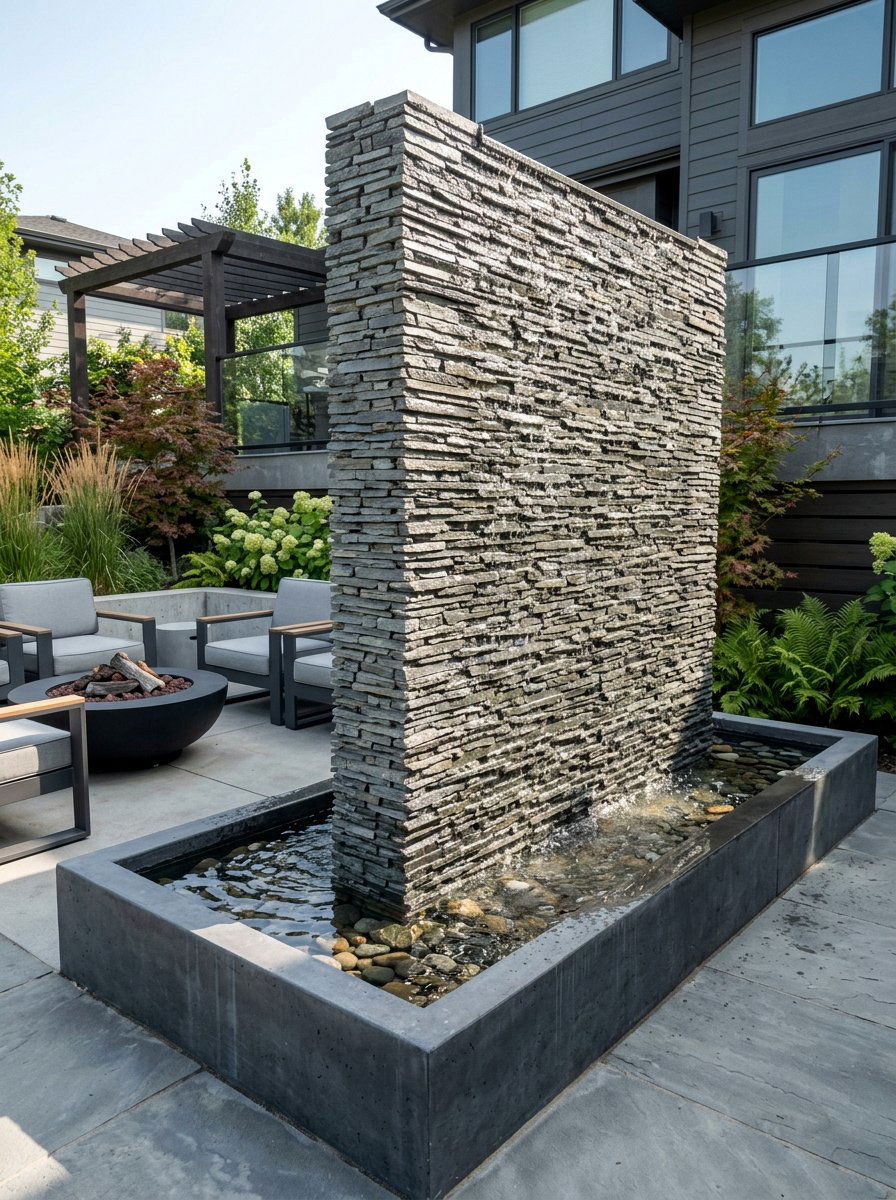 Stacked slate water wall - 25 backyard fountain ideas
