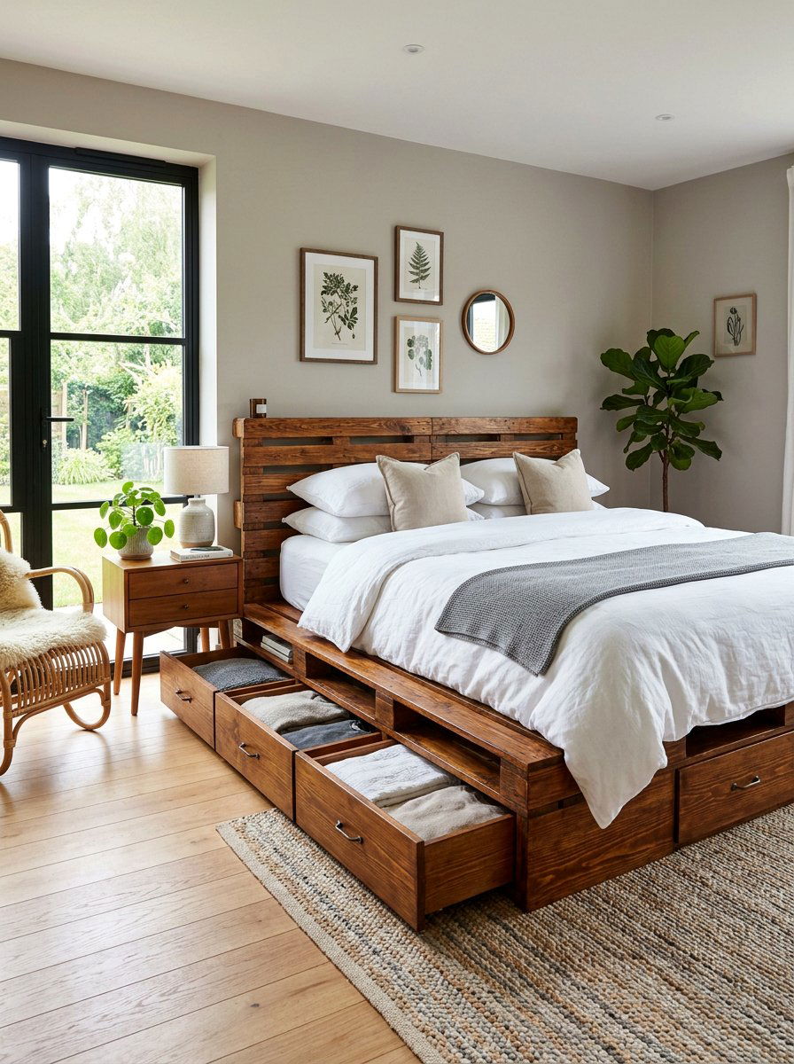 Stained Pallet Bed - 25 Pallet bed ideas with storage