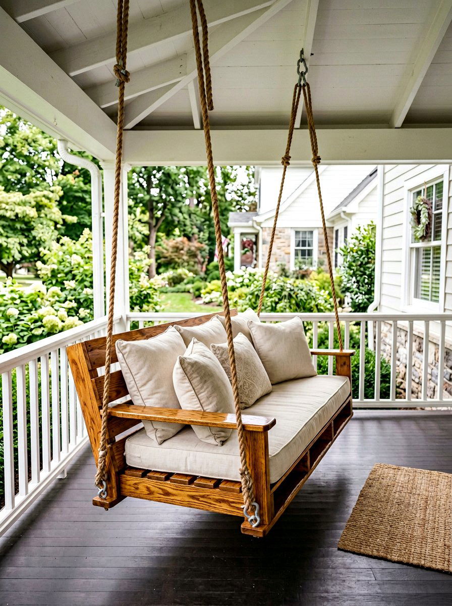 Stained Wood Pallet Swing - 25 Pallet Hanging Swing Bed Ideas