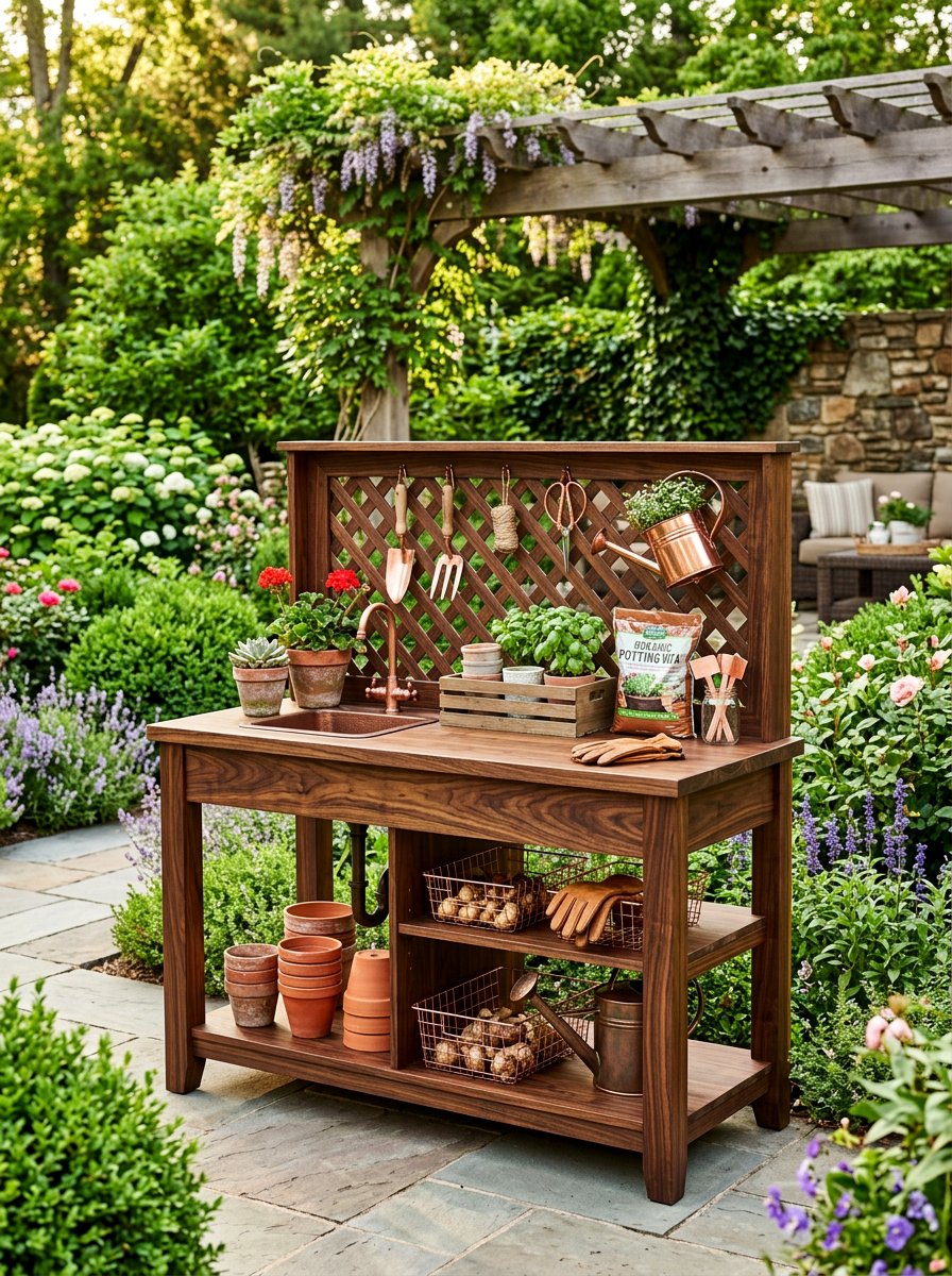 Stained Wood Potting Station - 25 Pallet Potting Bench Ideas