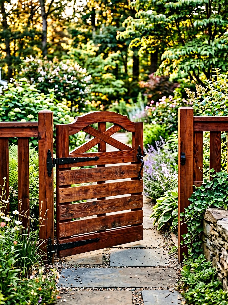 Stained cedar look pallet gate - 25 Pallet Garden Gate Ideas