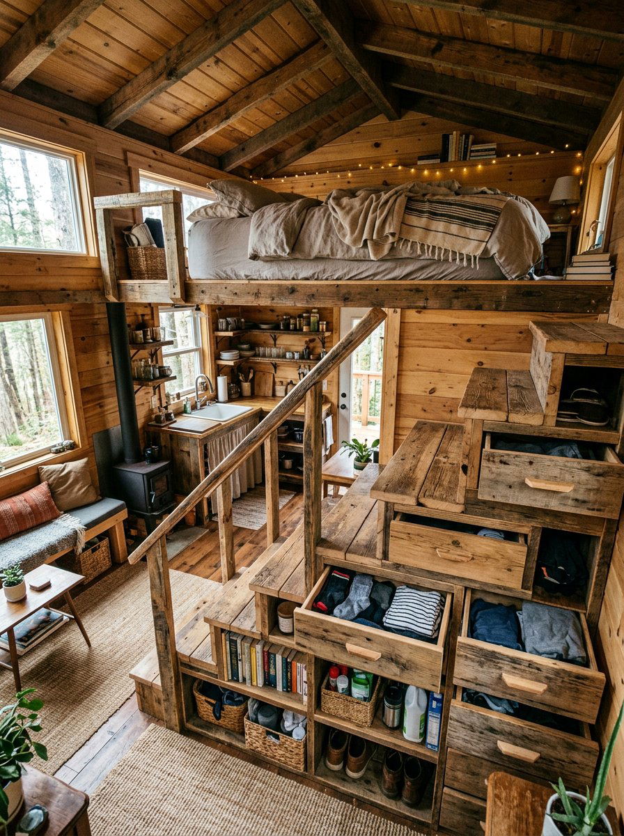 Staircase Storage Pallet Frame - 25 Pallet bed ideas for tiny house