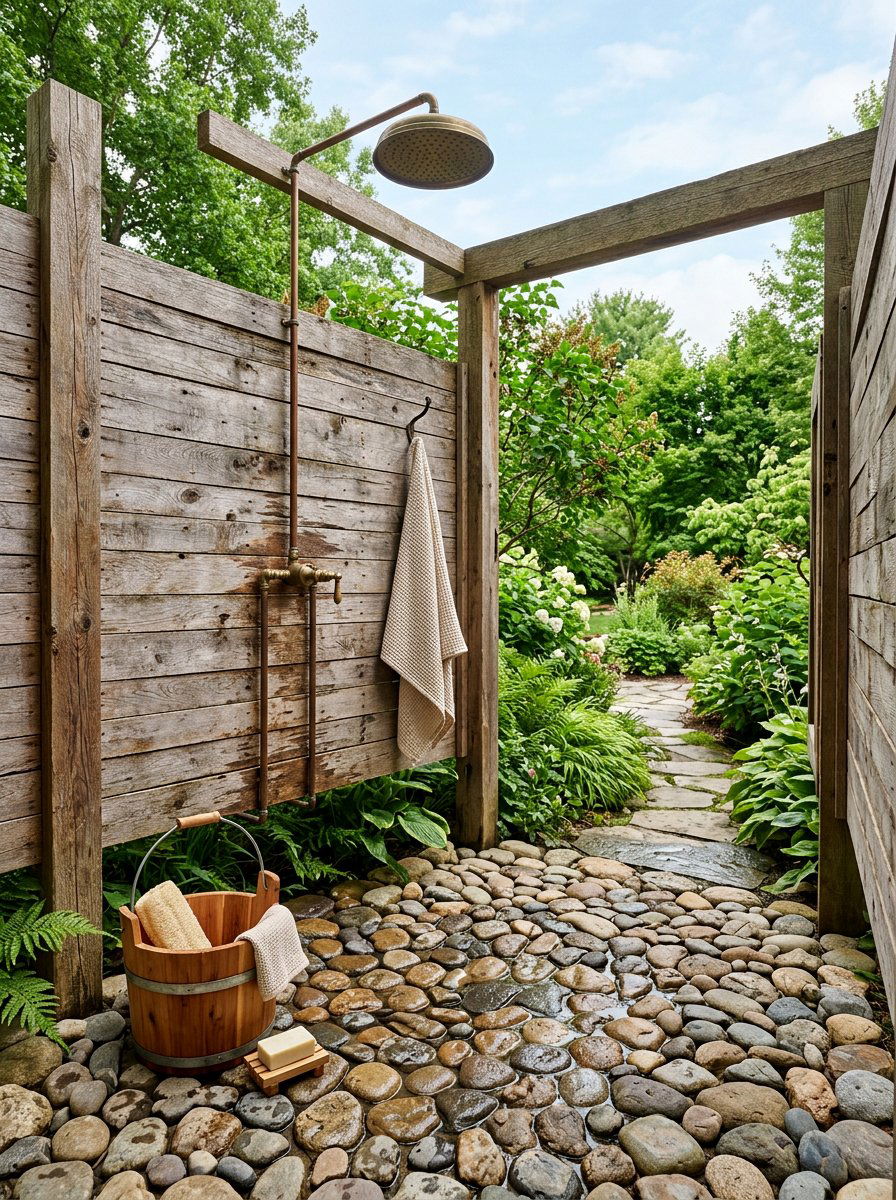 Stone Floor Shower - 25 Pallet Outdoor Shower Ideas