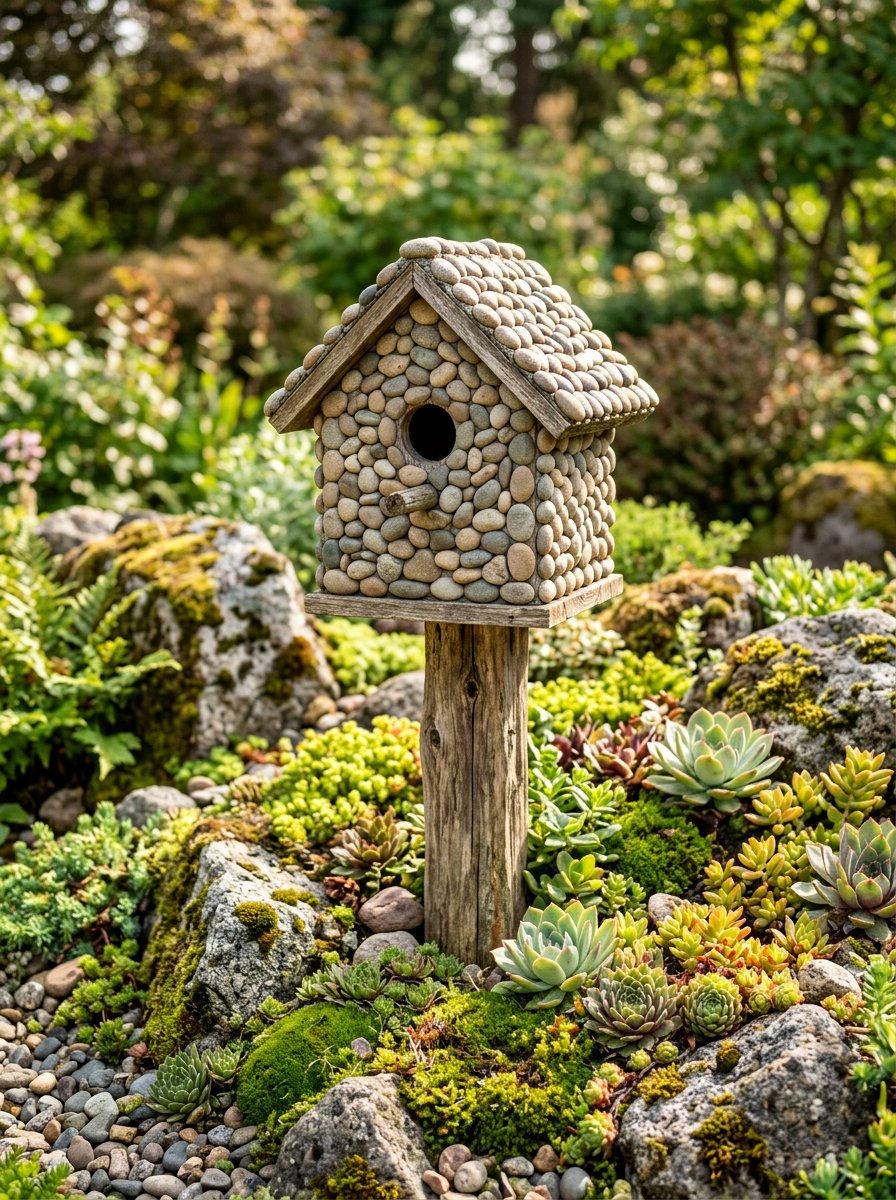 Stone covered birdhouse - 25 colorful birdhouse ideas