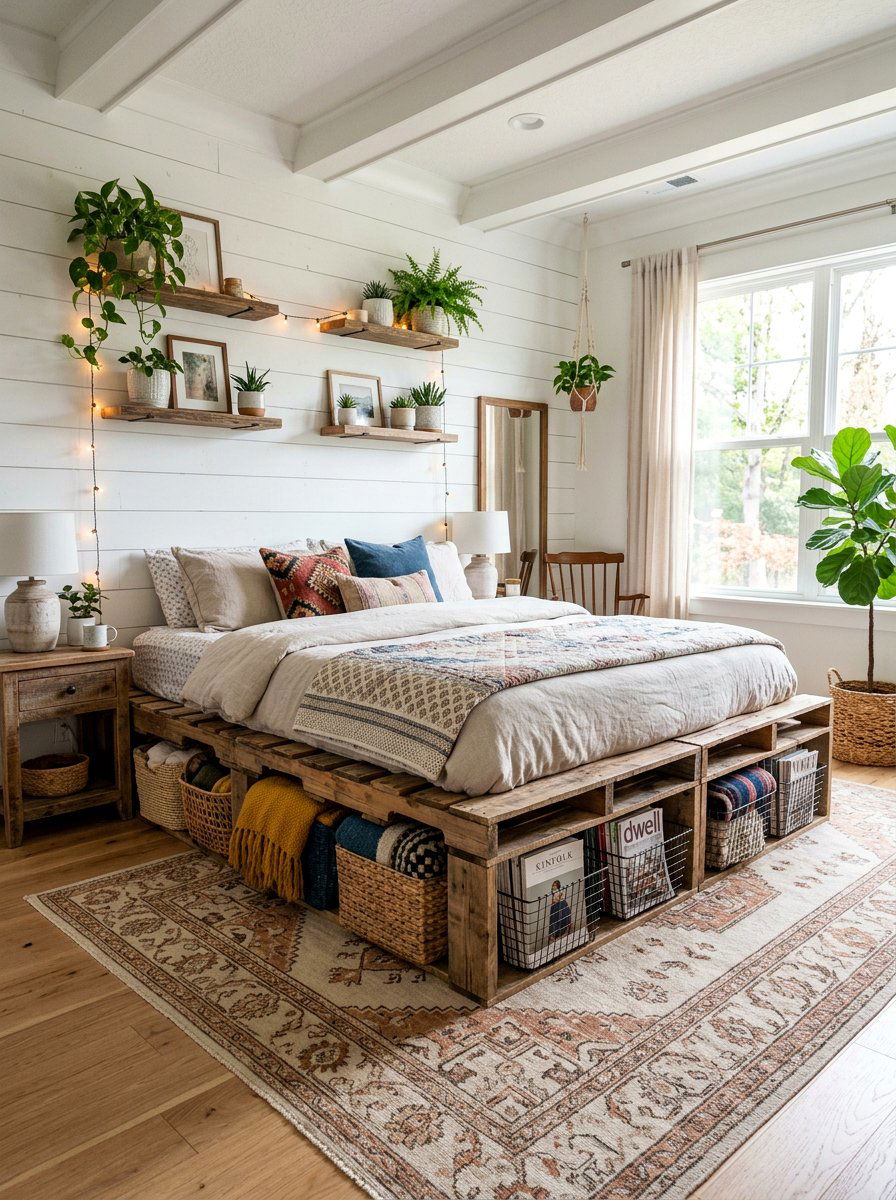 Storage Baskets In Pallets - 25 Pallet bed ideas with hidden storage