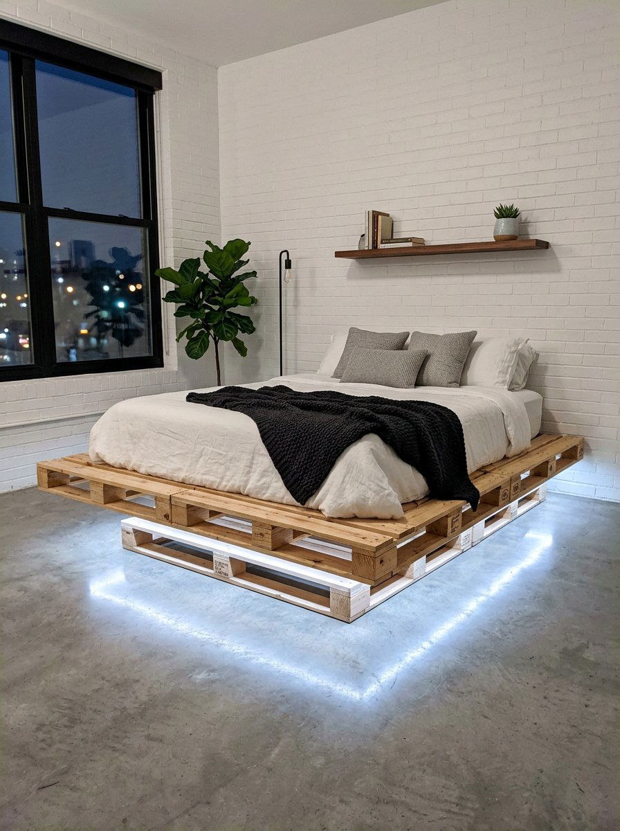 Storage Pallet Bed - 25 Pallet bed frame with LED strip ideas