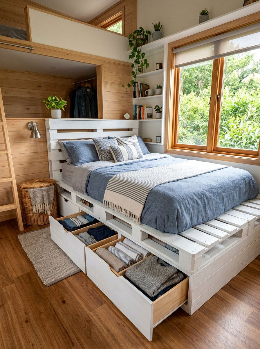 Storage Pallet Bed - 25 Pallet bed ideas for tiny house