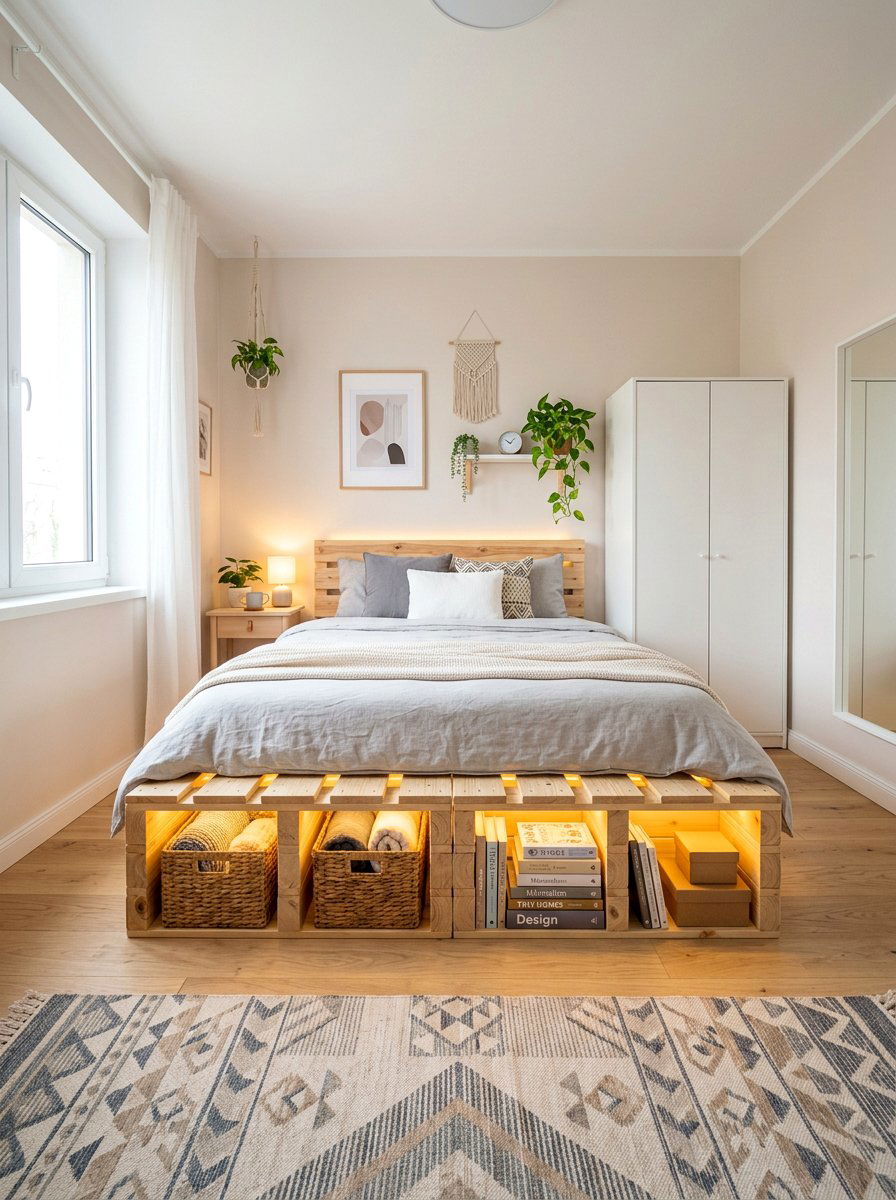 Storage Pallet Bed - 25 Pallet bed ideas with lights underneath