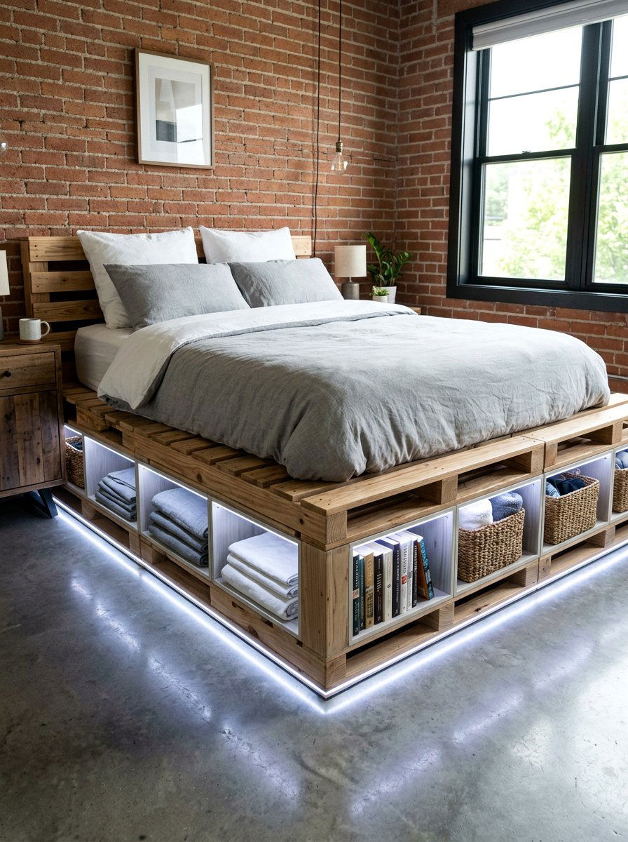 Storage pallet bed - 25 Pallet bed ideas with LED lights