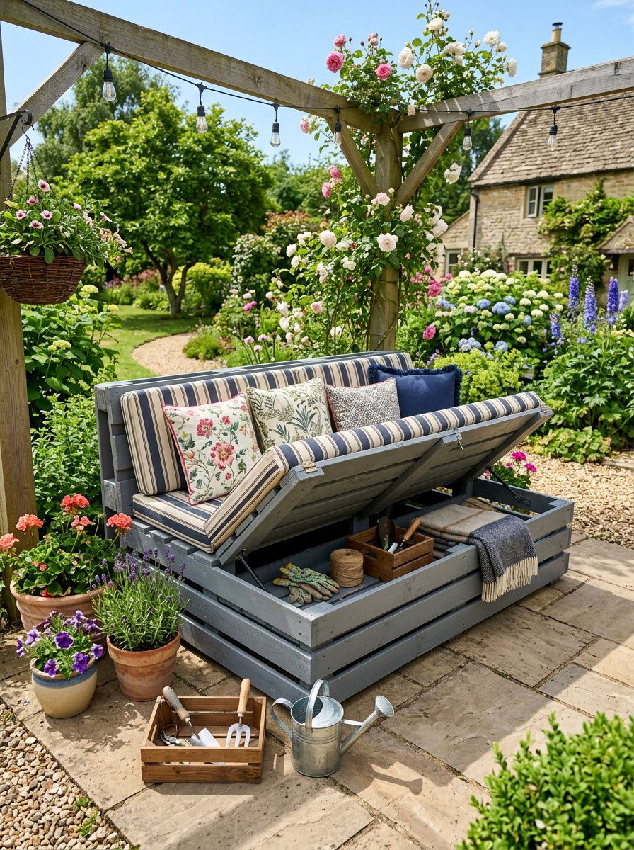 Storage seat bench - 25 Outdoor pallet daybed ideas