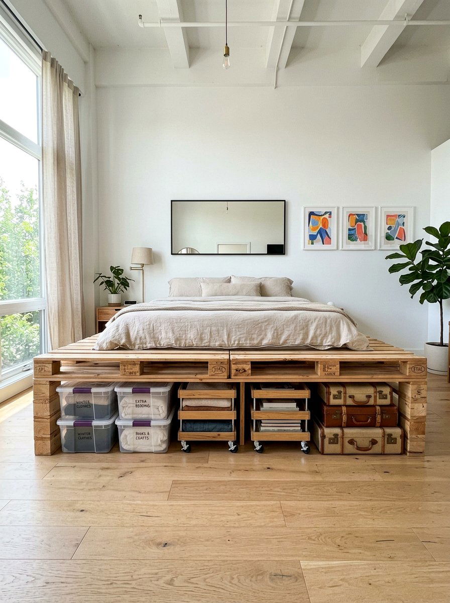 Storage solution under pallet bed - 25 Pallet storage bed frame ideas