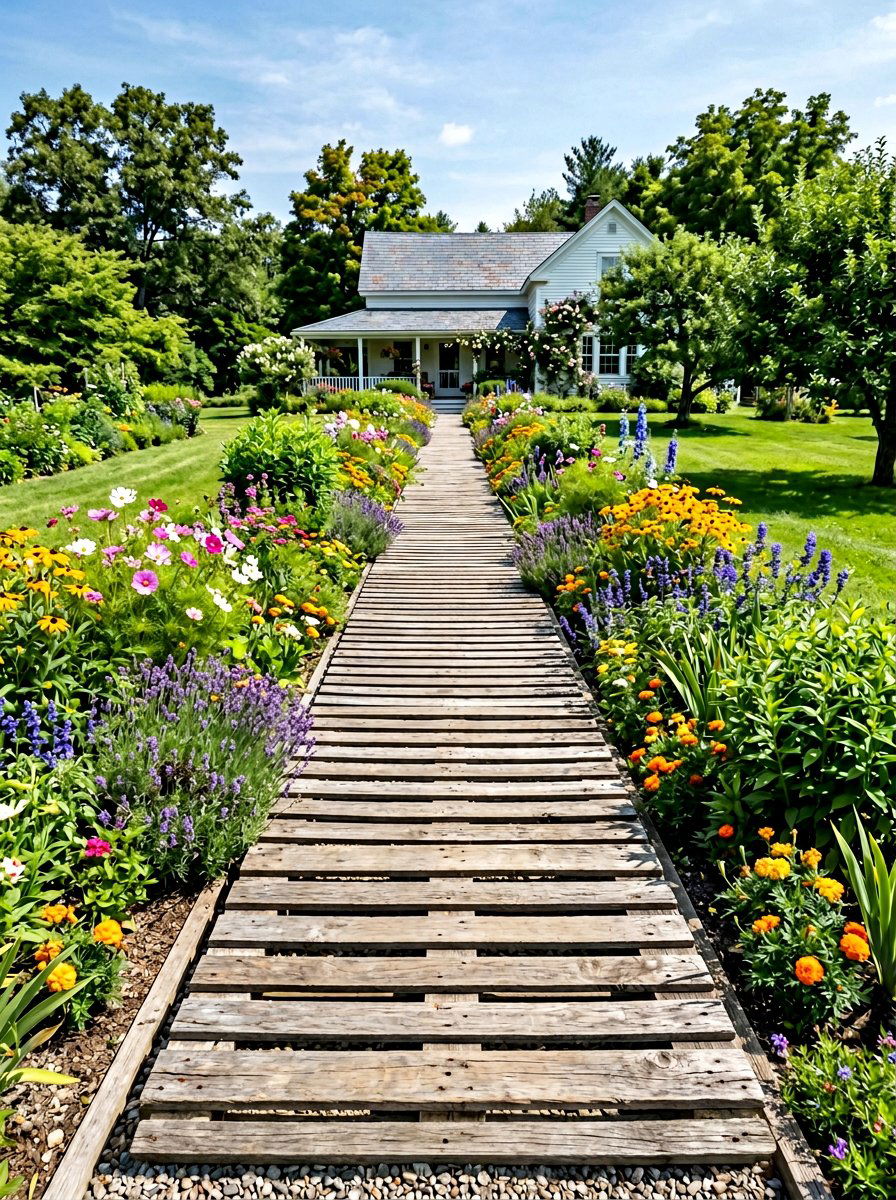 Straight wood slat walkway - 25 Pallet Garden Pathway Ideas