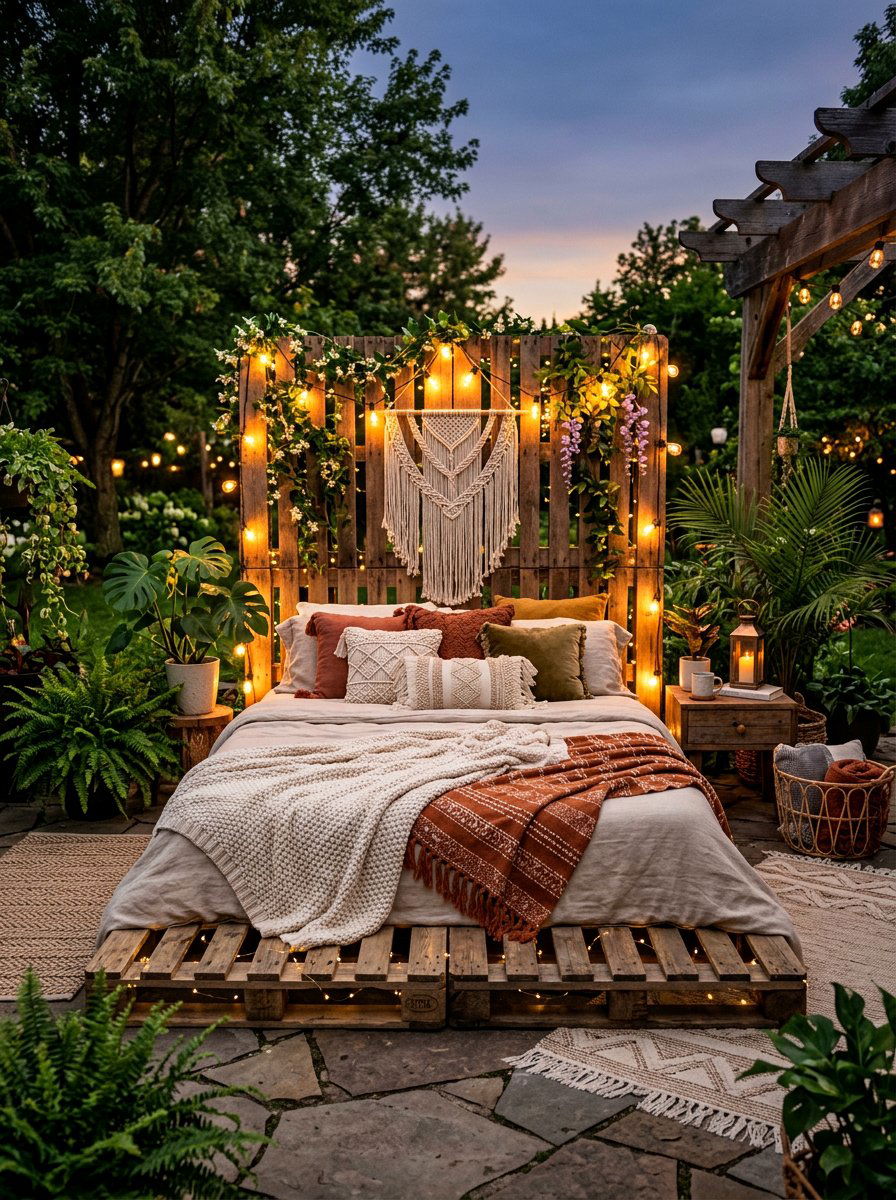 String Light Pallet Bed - 25 Illuminated pallet bed ideas