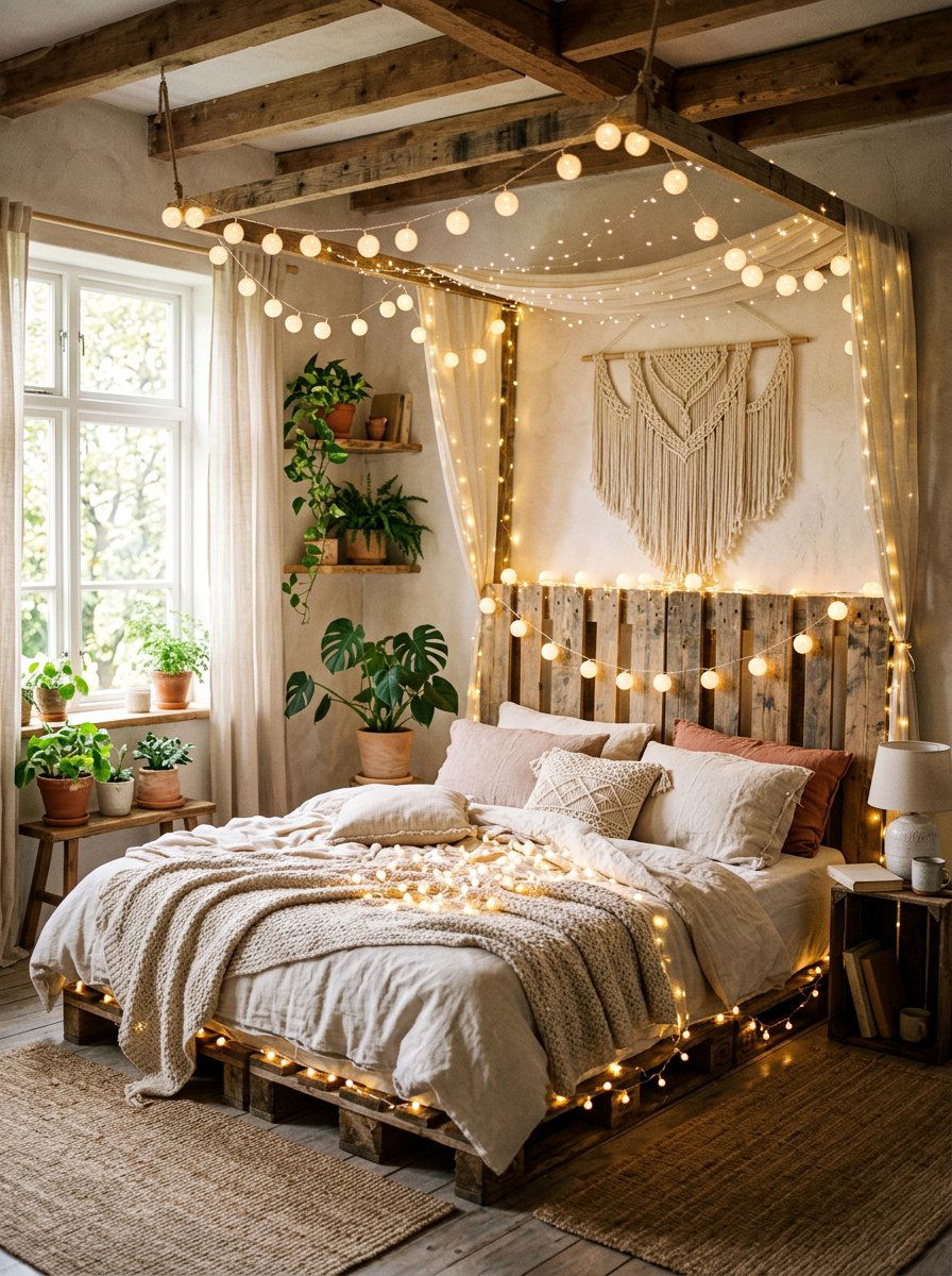 String lights and pallets - 25 Pallet bed ideas with LED lights