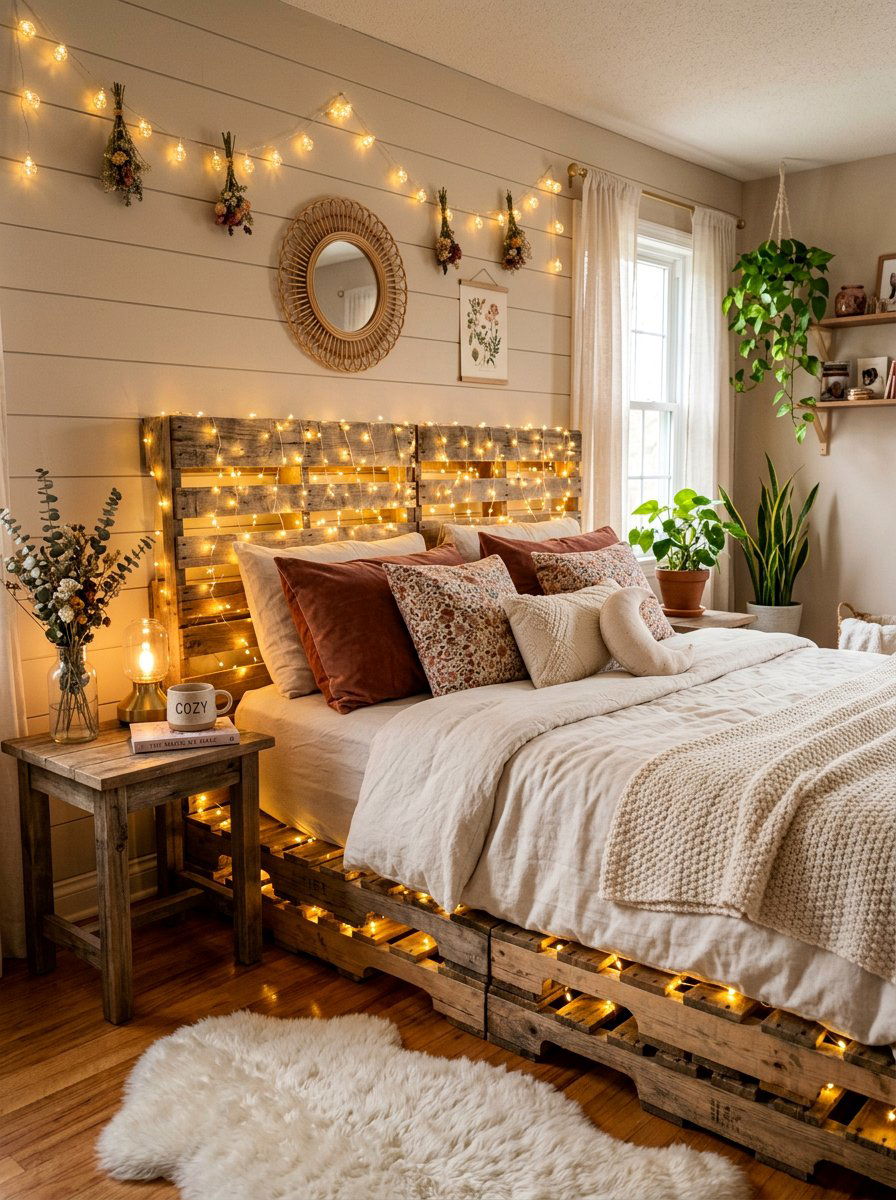 String lights pallet bed - 25 Pallet bed ideas for girls room