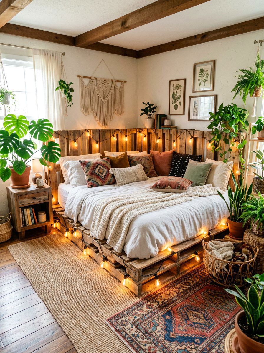 String lights pallet bed - 25 Lighted pallet bed frame ideas