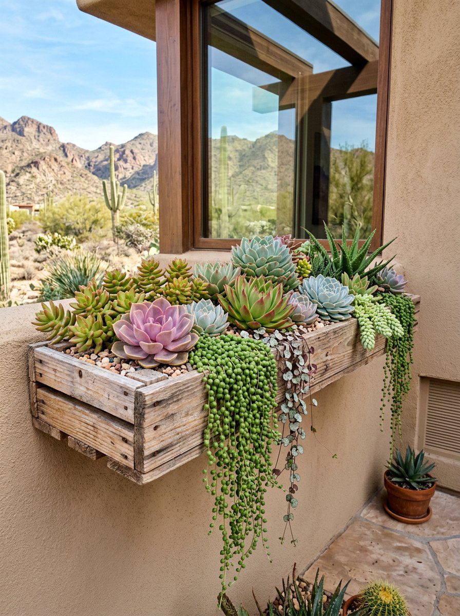 Succulent pallet window planter - 25 Pallet Window Box Planter Ideas