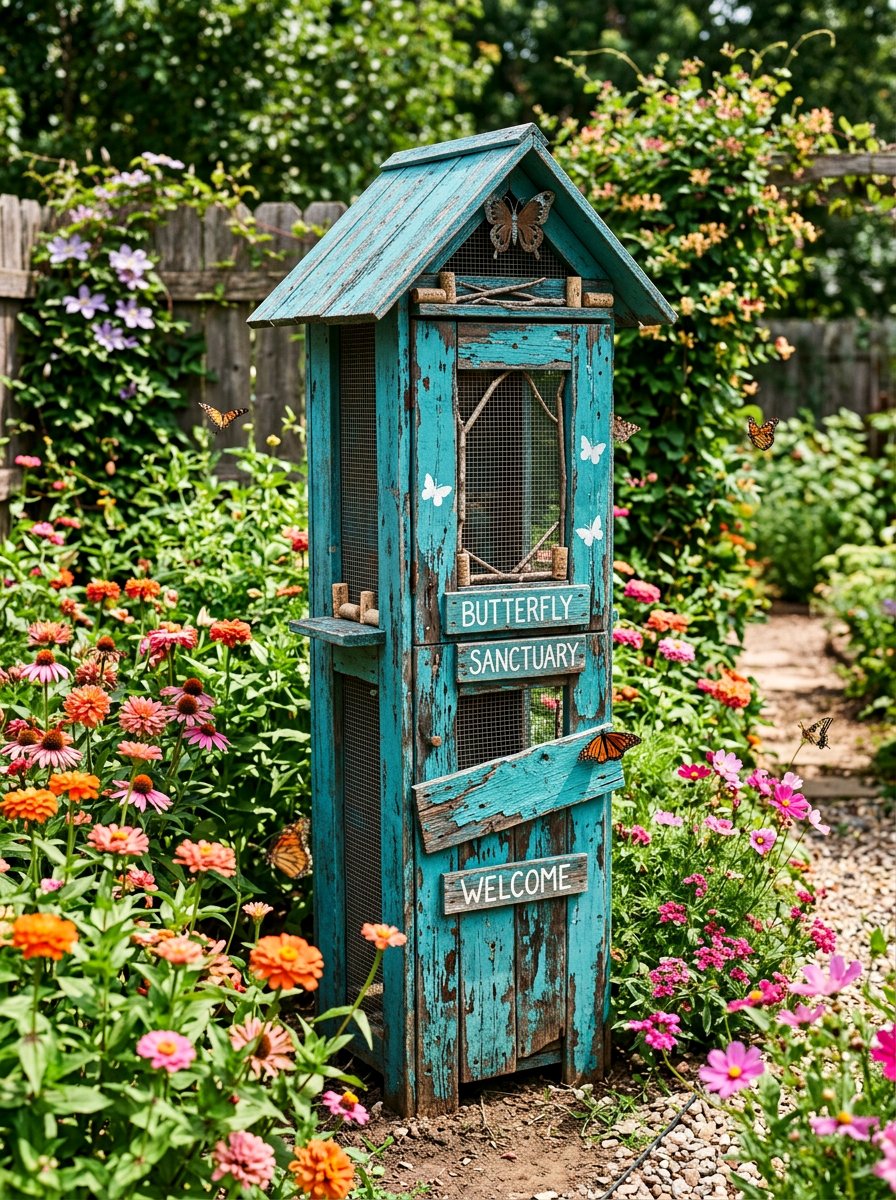 Teal Distressed Butterfly Sanctuary - 25 Pallet Butterfly House Ideas