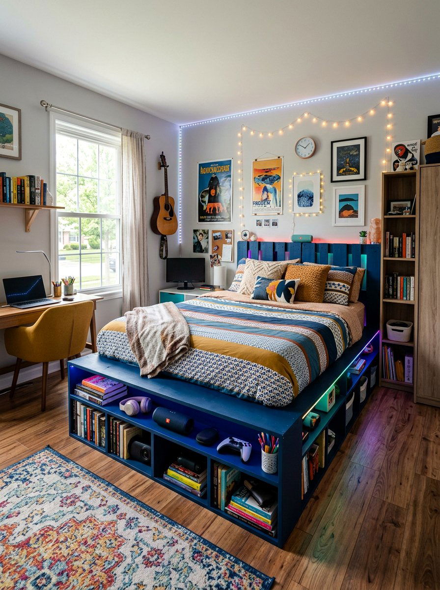 Teen Bedroom Pallet Bed Bookshelves - 25 Pallet bed ideas with storage underneath