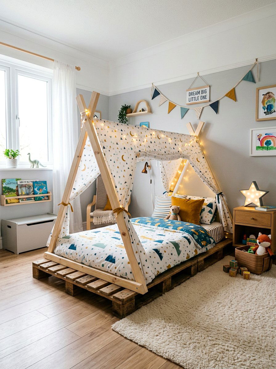 Tent Frame Over Pallet Base - 25 Pallet bed ideas for kids room