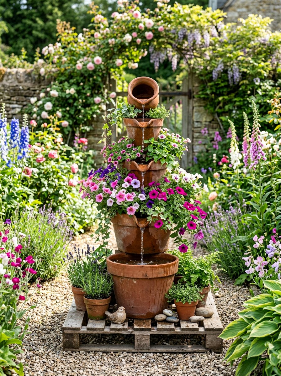 Tiered Flower Pot Fountain - 25 Pallet Water Fountain Base Ideas