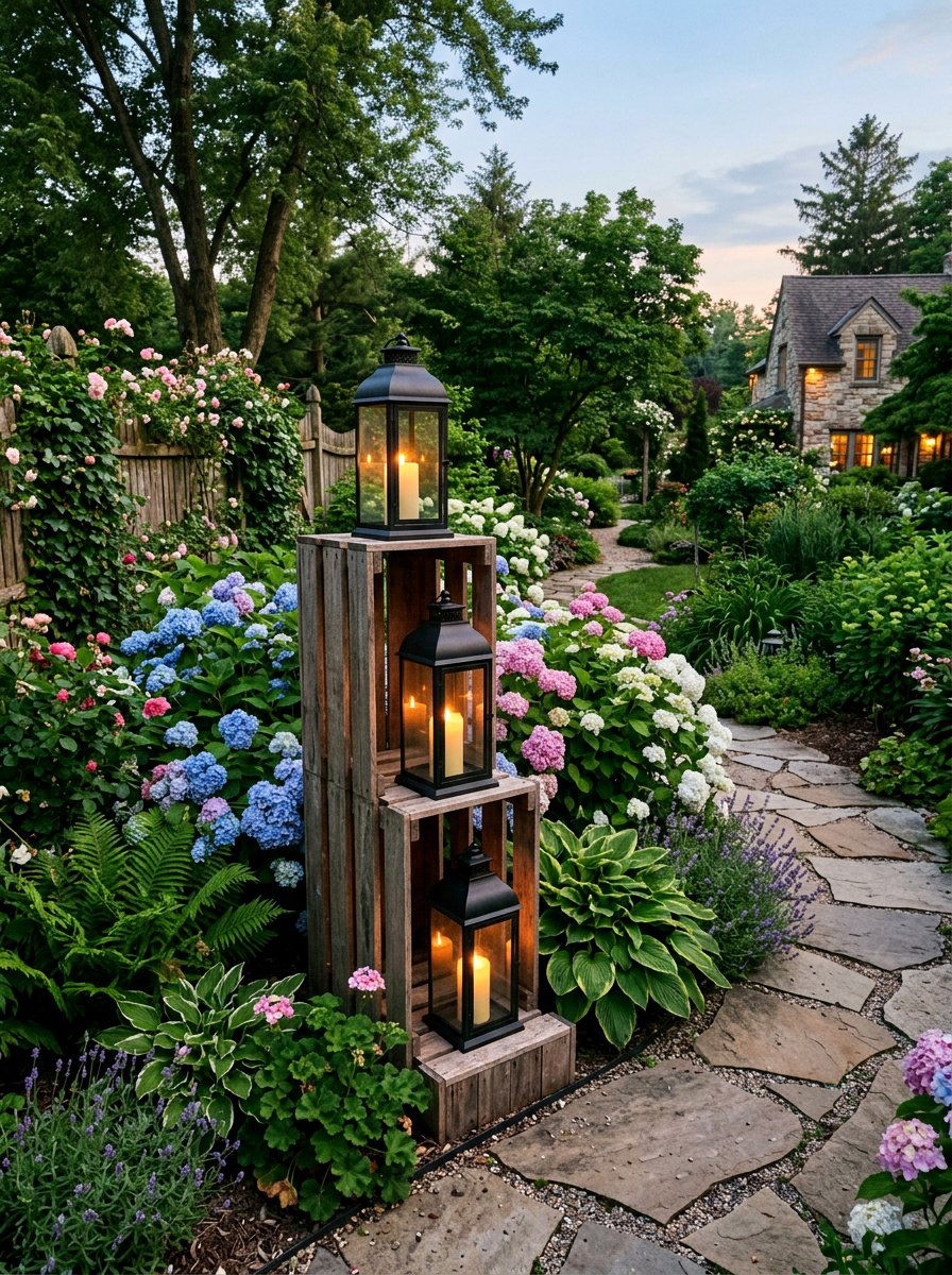 Tiered Pallet Floor Lantern Stand - 25 Pallet Outdoor Candle Holder Ideas