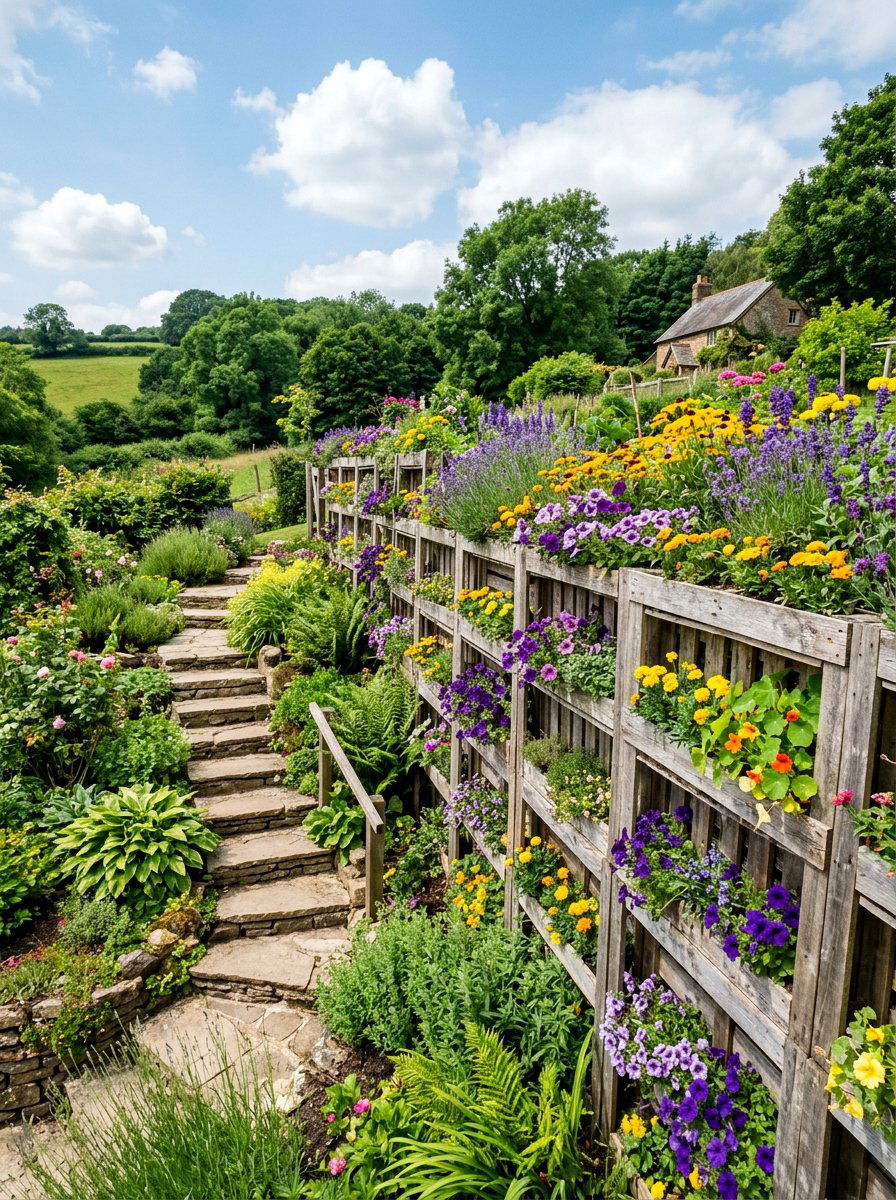 Tiered Pallet Planter Fence - 25 Pallet Privacy Screen Ideas