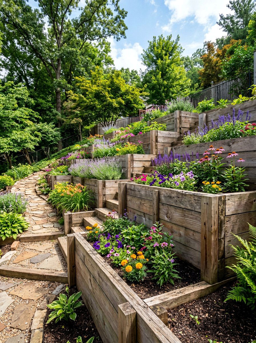 Tiered Wood Garden Border - 25 Pallet Garden Edging Ideas