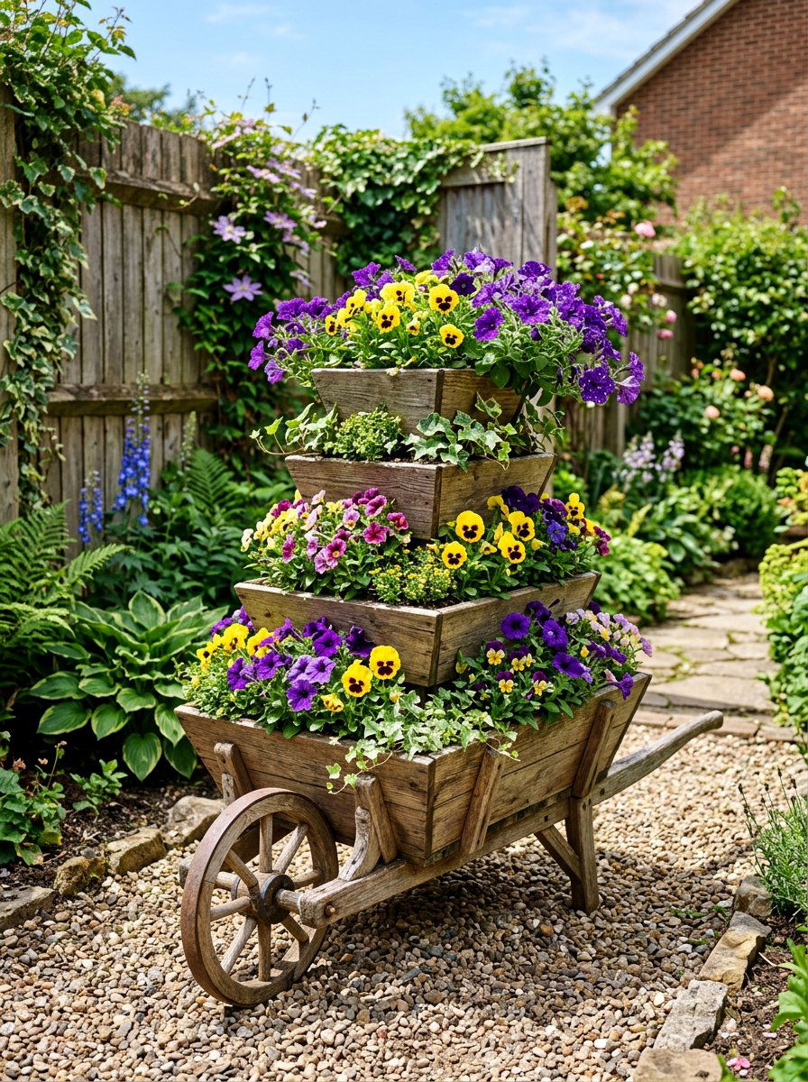 Tiered Wood Wheelbarrow - 25 Pallet Wheelbarrow Planter Ideas