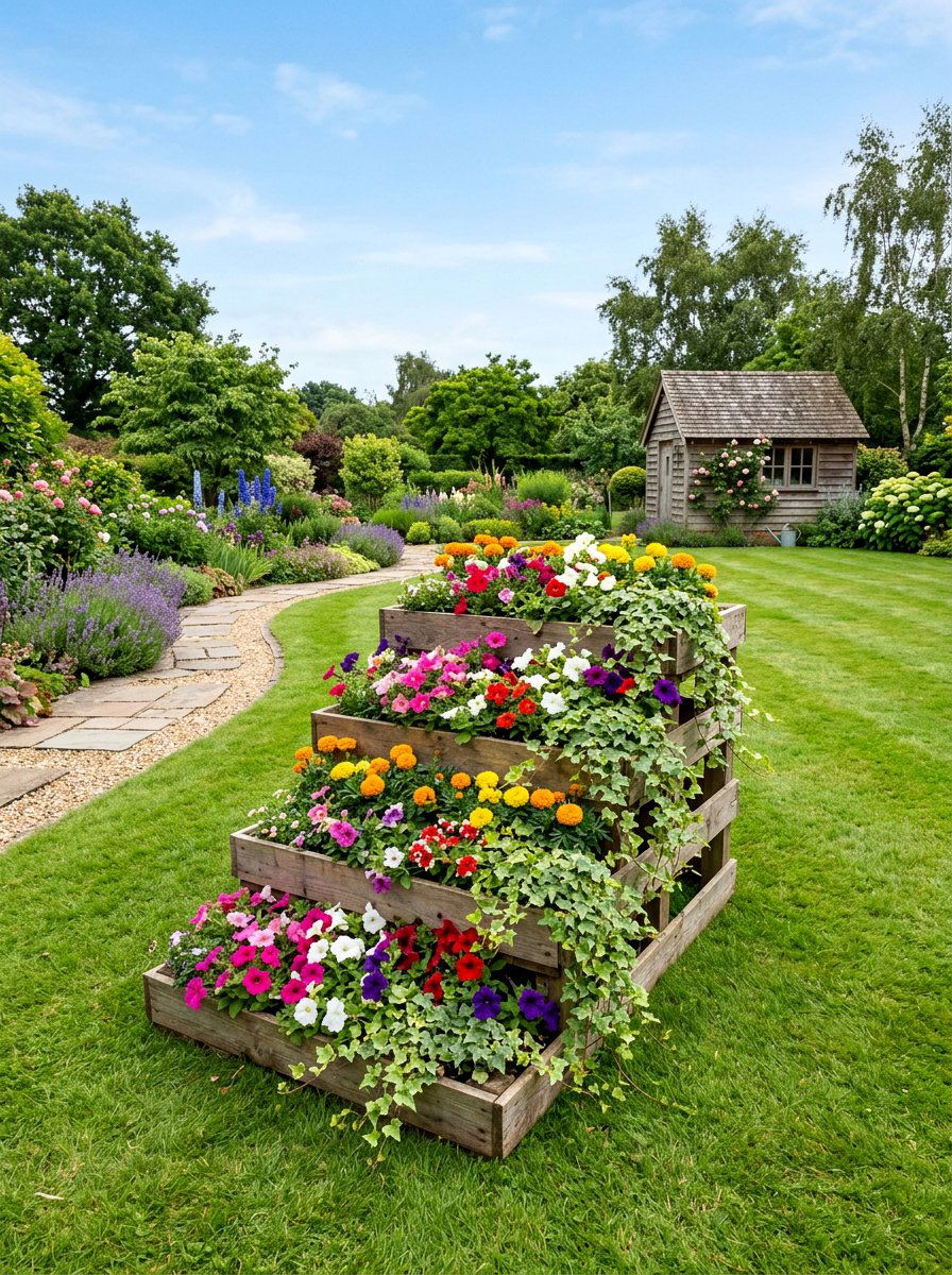 Tiered pallet flower box - 25 Pallet Raised Garden Bed Ideas