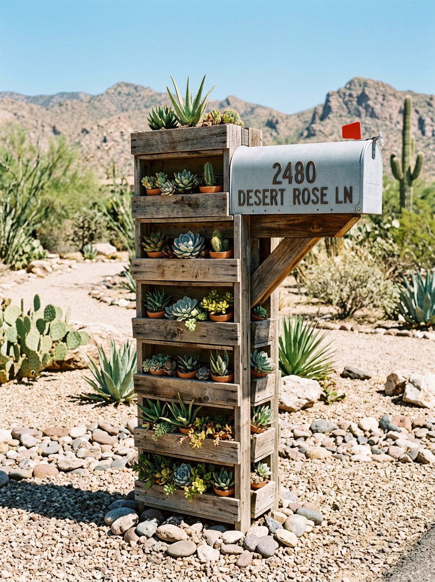 Tiered pallet mailbox post planter - 25 Pallet Mailbox Post Ideas