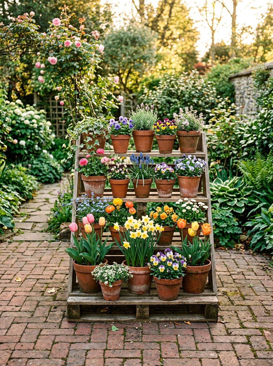 Tiered pallet plant shelf - 25 Pallet Vertical Flower Garden Ideas