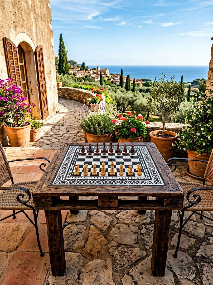 Tiled Top Pallet Wood Outdoor Table - 25 Pallet Outdoor Chess Table Ideas