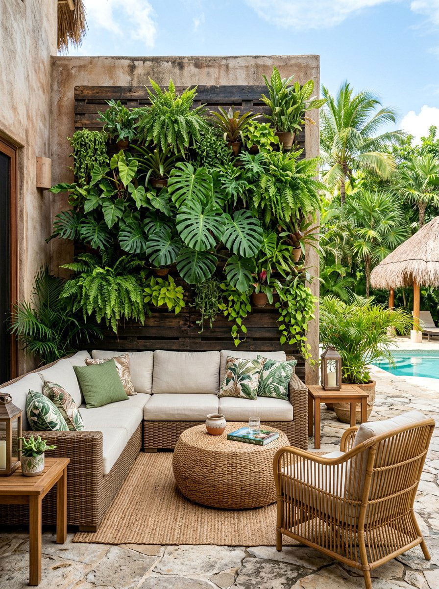 Tropical Pallet Plant Wall - 25 Pallet Privacy Screen Ideas