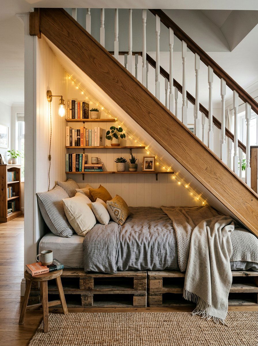 Under Stair Pallet Bed Nook - 25 Pallet reading nook bed ideas