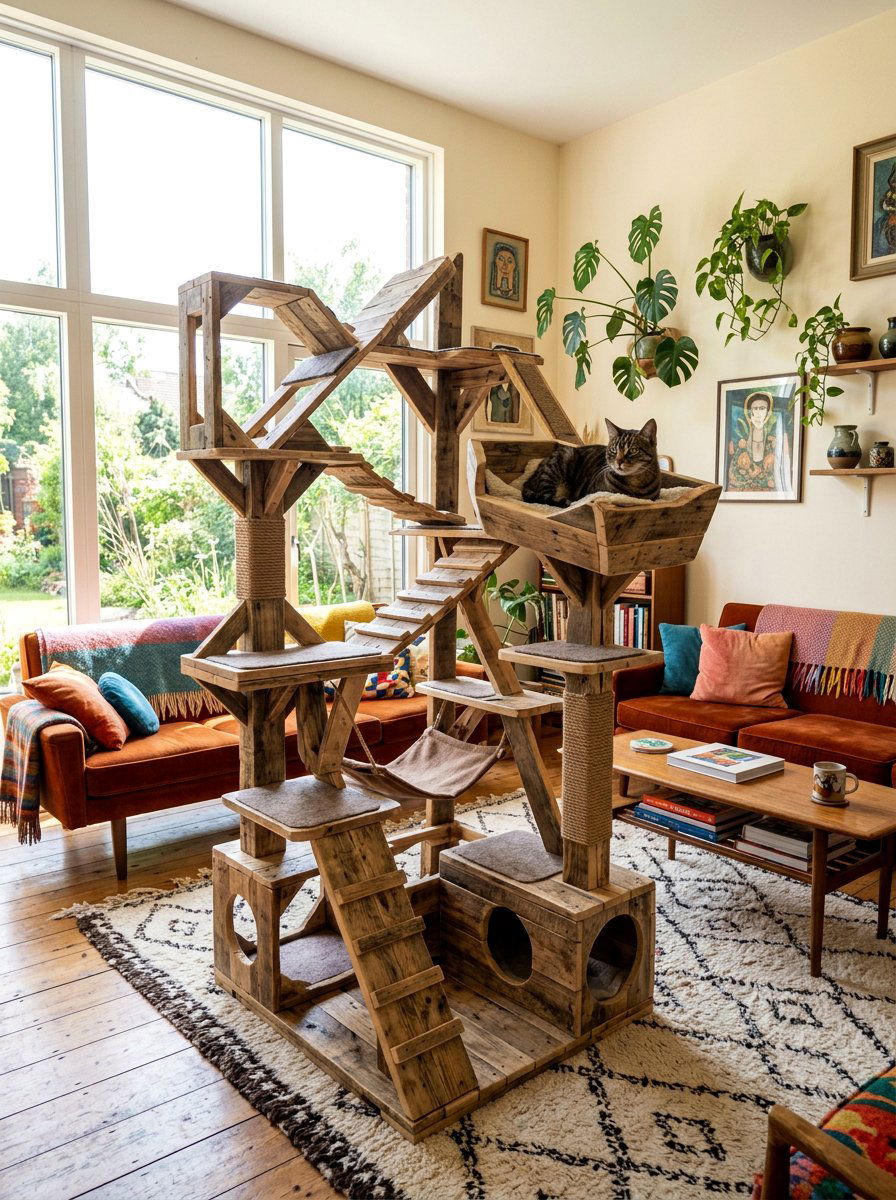 Unique shaped cat furniture - 25 pallet cat tree ideas