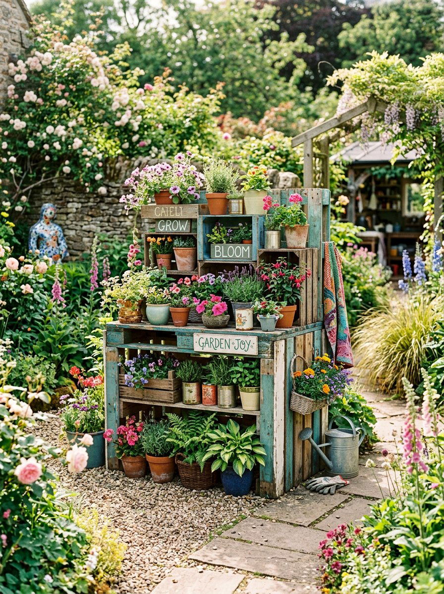 Upcycled pallet flower display - 25 Pallet Vertical Flower Garden Ideas
