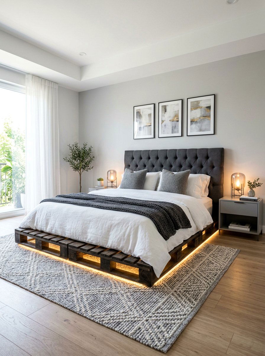 Upholstered Headboard Pallet Bed - 25 Pallet bed ideas with lights underneath