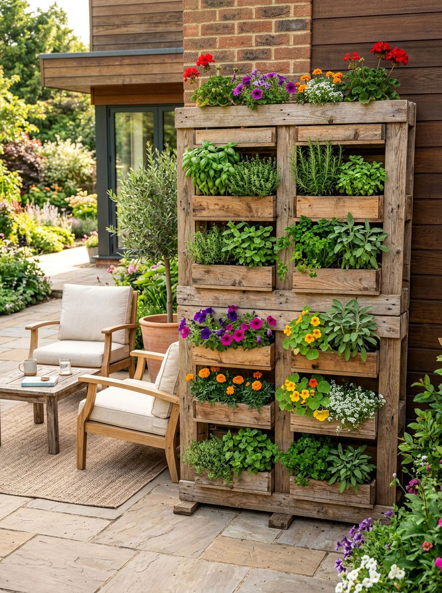 Vertical Pallet Planter Wall - 25 Pallet Privacy Screen Ideas