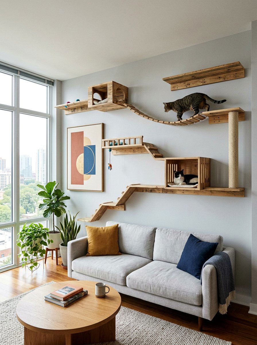 Wall mounted cat shelves - 25 pallet cat tree ideas